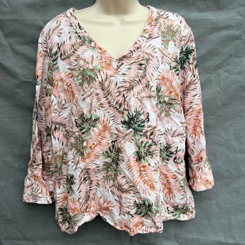 J. Jill Sz M Palm Trees 100% Linen Shirt Pink Green V-Neck Tropical Lightweight